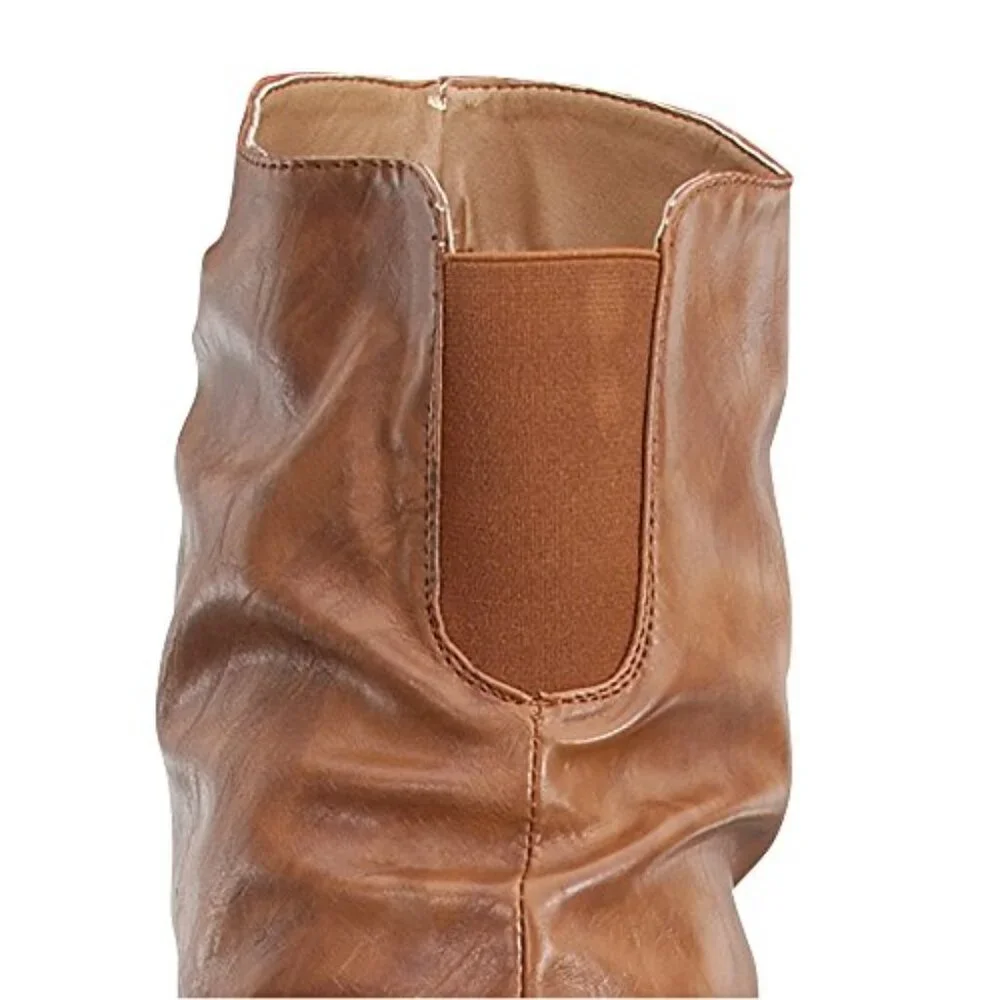 🧡 Over-the-Knee Slouchy Flat Boot – Tan Faux Leather • Pull-On • Elastic Gusset